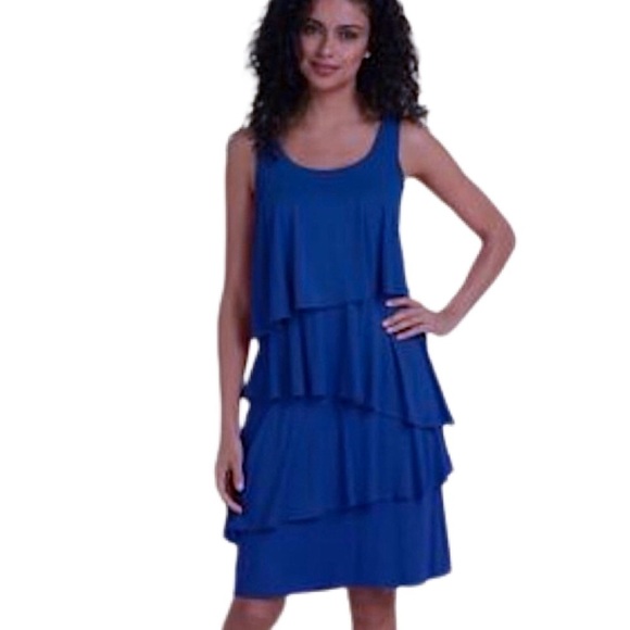 Soft Surroundings Dress Size Medium Womens Blue Tiered Darcie Sleeveless Stretch